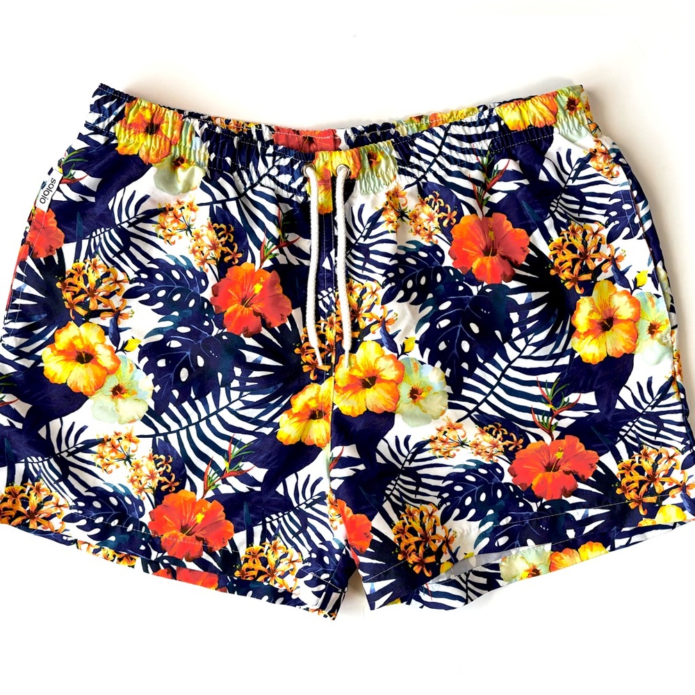 SOLOiO Weekend Tropical Floral Swim‎ Trunks 4” Beach Board Shorts Spain Size LG